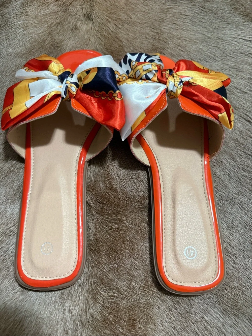 Never worn - Women’s Orange Bow Slide Sandals/Slides with Printed Scarf Accent